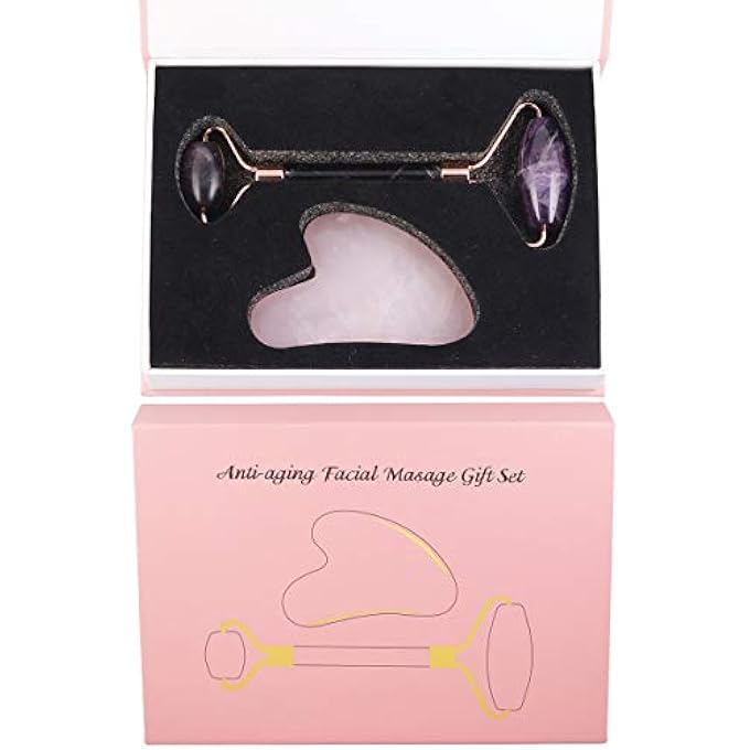 rockcloud NATURAL CRYSTAL JADE ROLLER AND GUA SHA SC SET MASSAGER TOOL FOR ANTI AGING BEAUTY NECK BODY REDUCE WRINKLES FACIAL MASSAGER THERAPY AMETHYST AND ROSE QUARTZ - Image 2